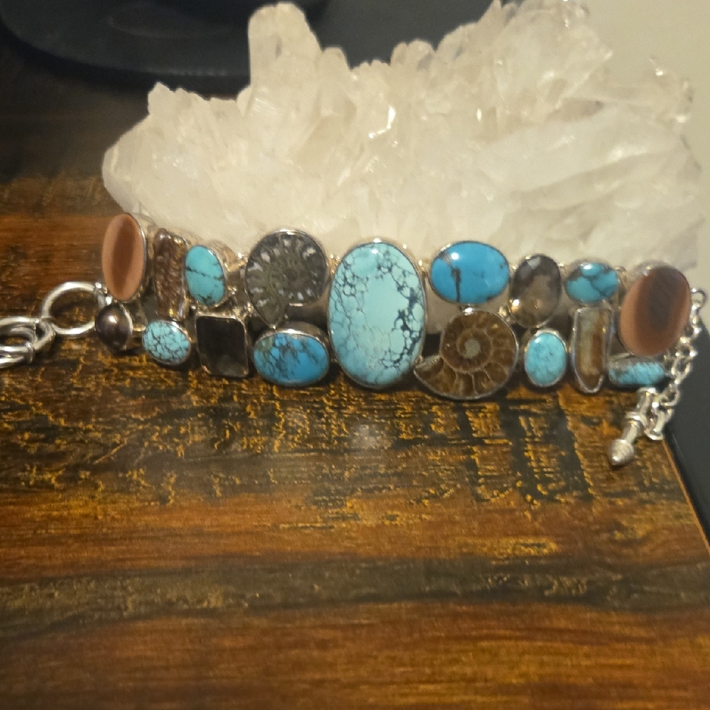 Turquoise, Smoky Quartz and Silver Women's Bracelet 6 Inch To 8inch